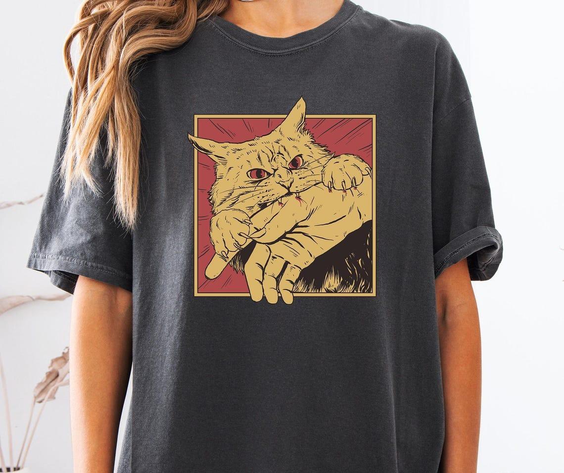 Винтажная футболка Кошачий укус , Японская хоррор-аниме футболка, Хоррор-кошка футболка унисекс XL